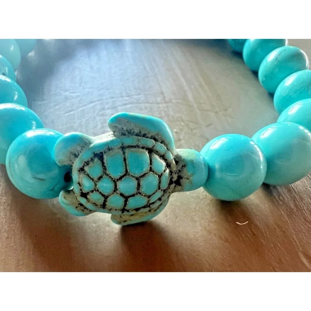 Turquoise Tone Stone Turtle Stretch Bracelet Boho Coastal Beach Jewelry Ocean‎